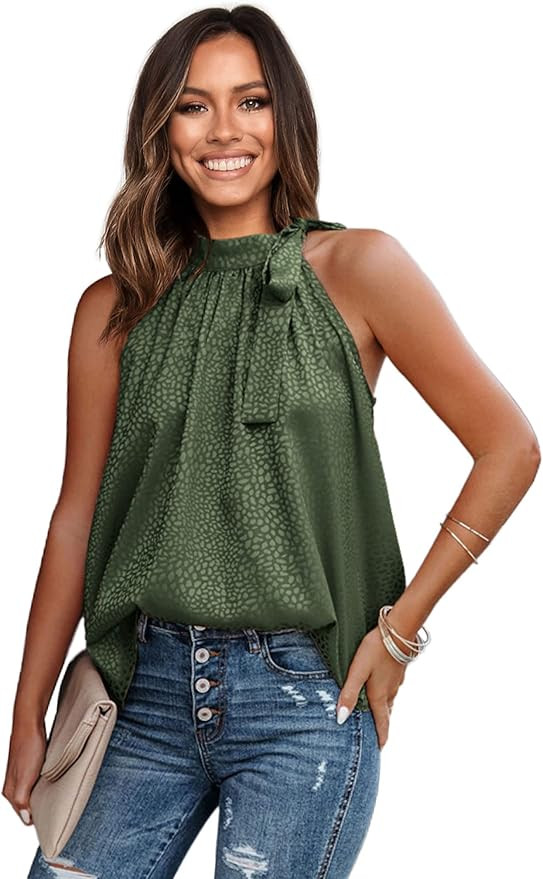BTFBM Women Sleeveless Tie Mock Neck Summer Tops Loose Soft Leopard Solid Casual Side Bow Halter ... | Amazon (US)
