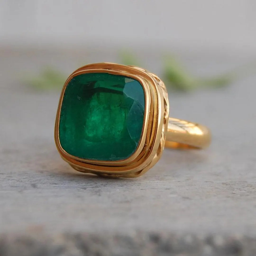Cushion Cut Emerald Quartz Ring: Yellow Gold Filled 925 Sterling Silver | Etsy (US)