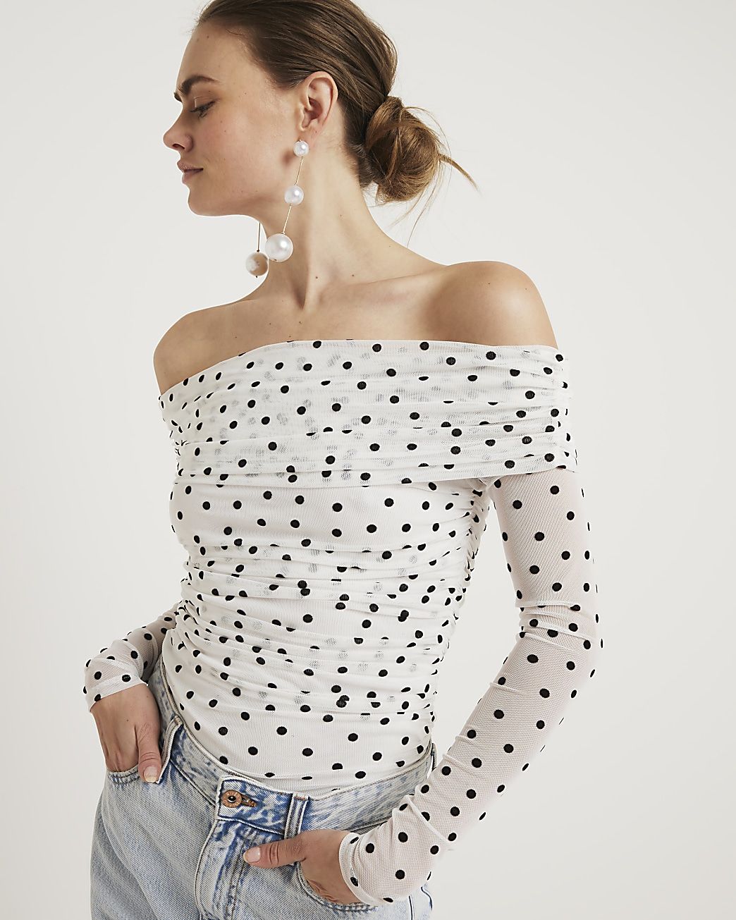 White ruched spot bardot top | River Island (UK & IE)