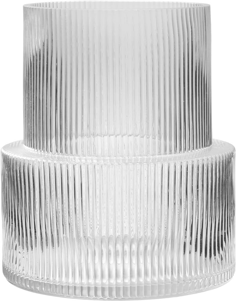 Ribbed Glass Vase, Clear Glass Vase for Flowers, Wide Mouth Modern Fluted Vase for Centerpieces 7... | Amazon (US)