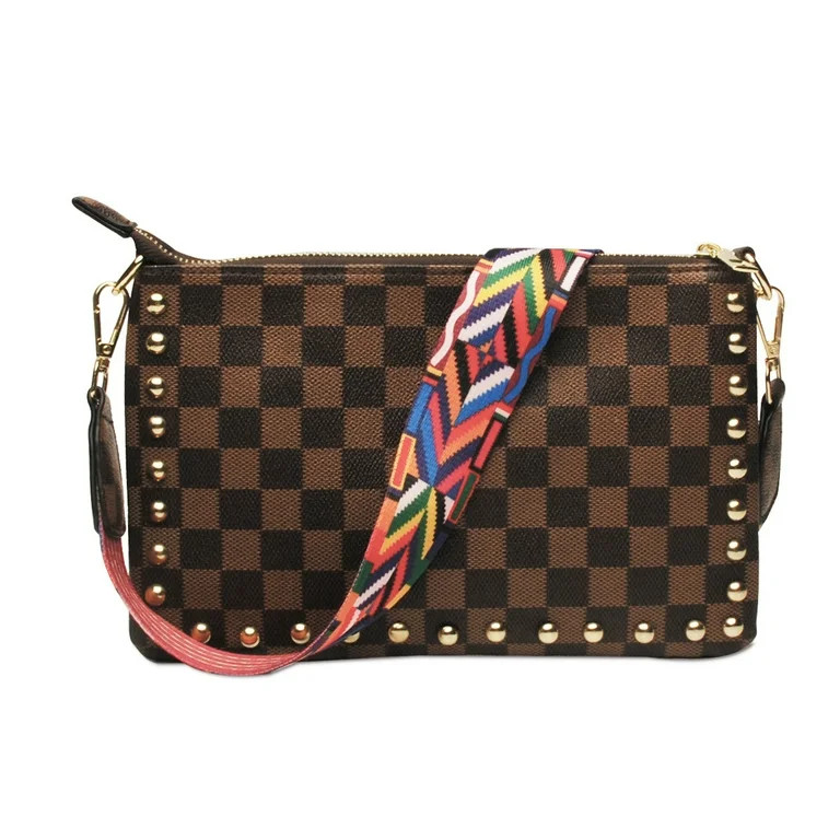 Fugua Women's Guitar Strap Rivet Shoulder Bag Classic Lattice Shoulder Handbag,Brown Lattice | Walmart (US)