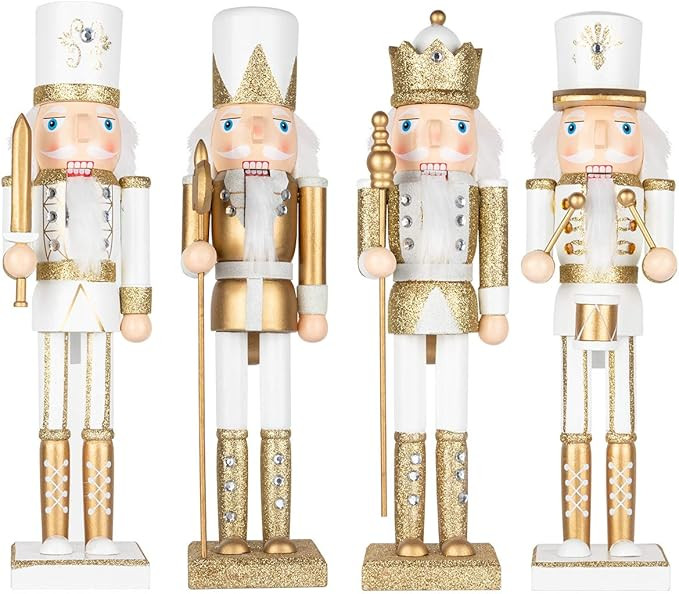 KI Store White and Gold Christmas Nutcracker 15-Inch Set of 4 Wooden King and Soldier Nutcracker ... | Amazon (US)
