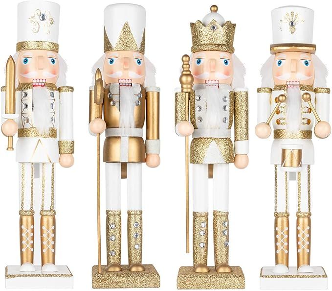 KI Store White and Gold Christmas Nutcracker 15-Inch Set of 4 Wooden Nutcracker King and Soldier ... | Amazon (US)