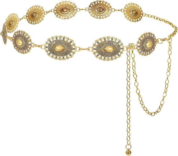 LEACOOLKEY Western Metal Concho Belt for Women Cowgirl Boho Waist Chain Belt for Dresses Jeans Pa... | Amazon (US)