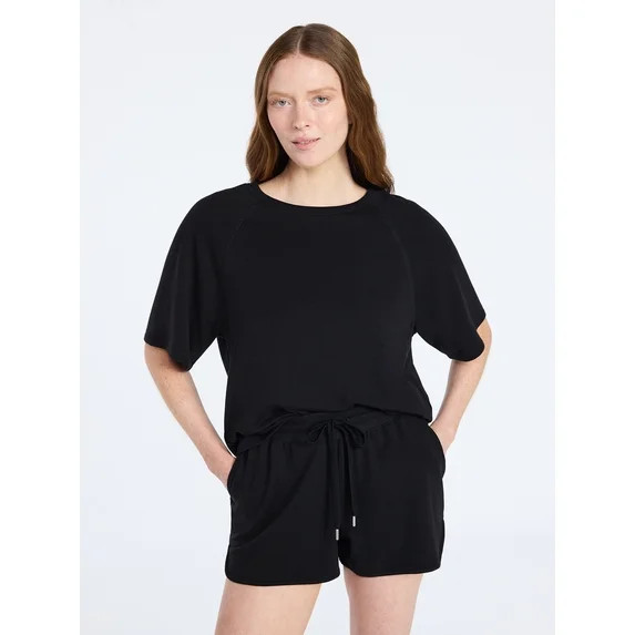 Joyspun Women's French Terry Lounge Sleep Short Sleeve Top and Shorts Set, 2-Piece, Sizes XS-3X | Walmart (US)