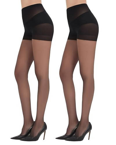 Citystl 2 Pairs Black Sheer Tights for Women, 20D Control Top Pantyhose with Reinforced Toes Not Rip(Black-L) | Amazon (US)
