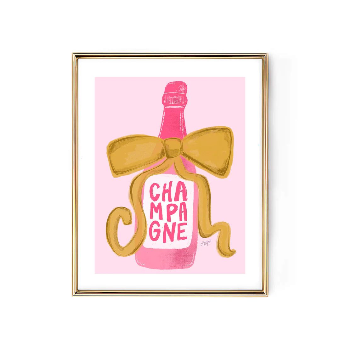 Ribbon Champagne Bottle Illustration Art Print - Etsy | Etsy (US)