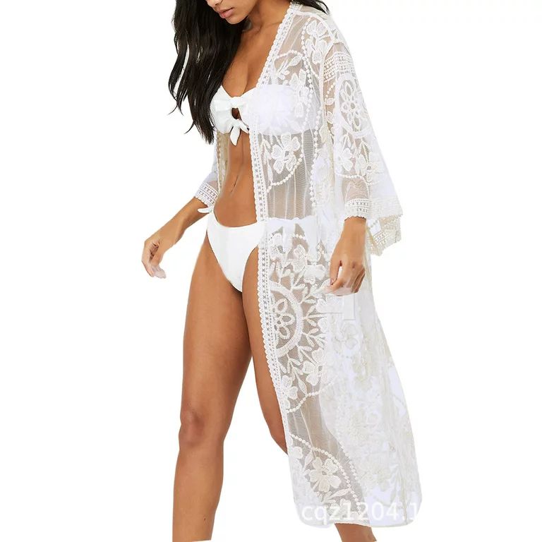 Bathing Suit Cover Up for Women Summer Seethrough Open Front Beach Cover Up Sexy Lace Stitching W... | Walmart (US)