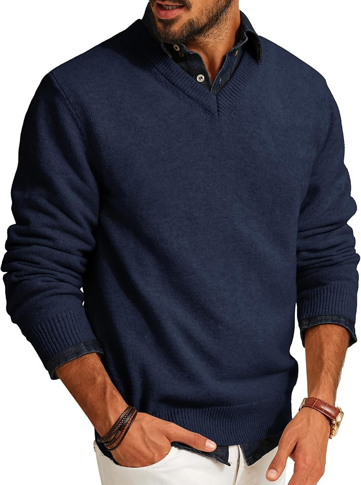 PJ PAUL JONES Mens V Neck Pullover Lightweight Wool Blend Long Sleeve Knit Sweater | Amazon (US)
