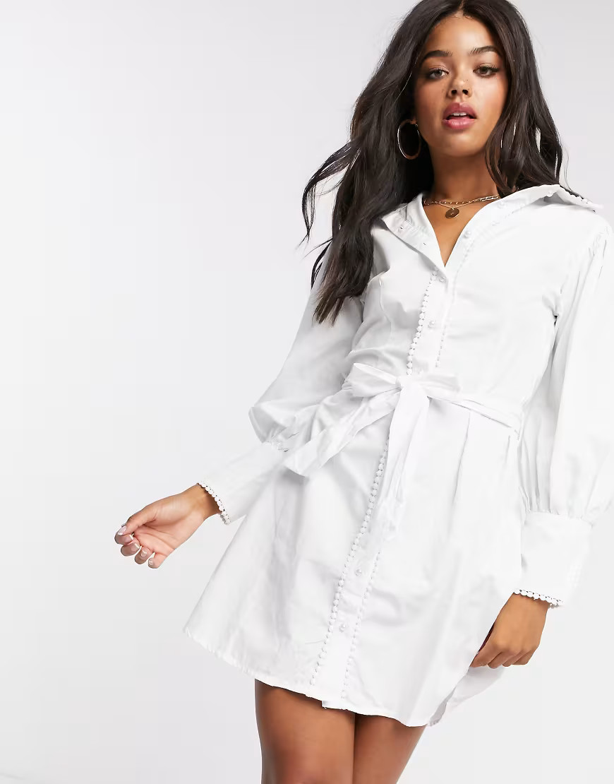 Girl In Mind contrast pearl detail shirt dress with belt in white | ASOS (Global)