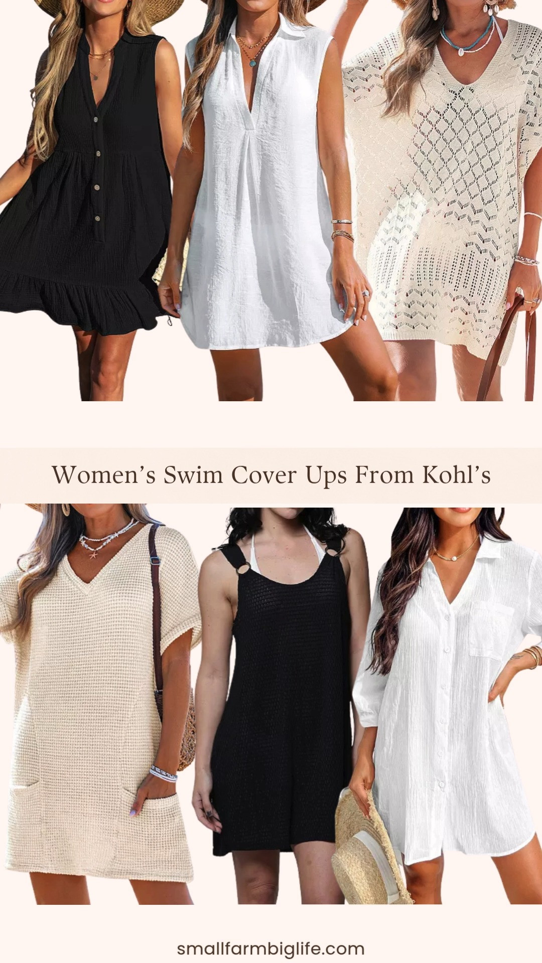 Swim cover ups from Kohl's and these are so cute for spring and summer 🌊✨ A white Cupshe seersucker tie cuff cover-up swim dress, a white Cupshe v-neck basic collar cover-up dress, a cream crochet Cupshe cover-up mini dress, a black Portocruz swim cover up ring tank dress, and a black Cupshe button front ruffled hem cover-up mini dress. Cover ups that are actually cute enough to wear all day are so hard to find and this round up from Kohl's has so many good options right now at such great prices. Whether you love a classic white dress, a crochet look, or something in black there is a cover up in this round up for every style. Perfect for the beach, the pool, or anywhere the summer takes you. Everything is linked! 🛒 

 #LTKOver40 #LTKSwim #LTKTravel