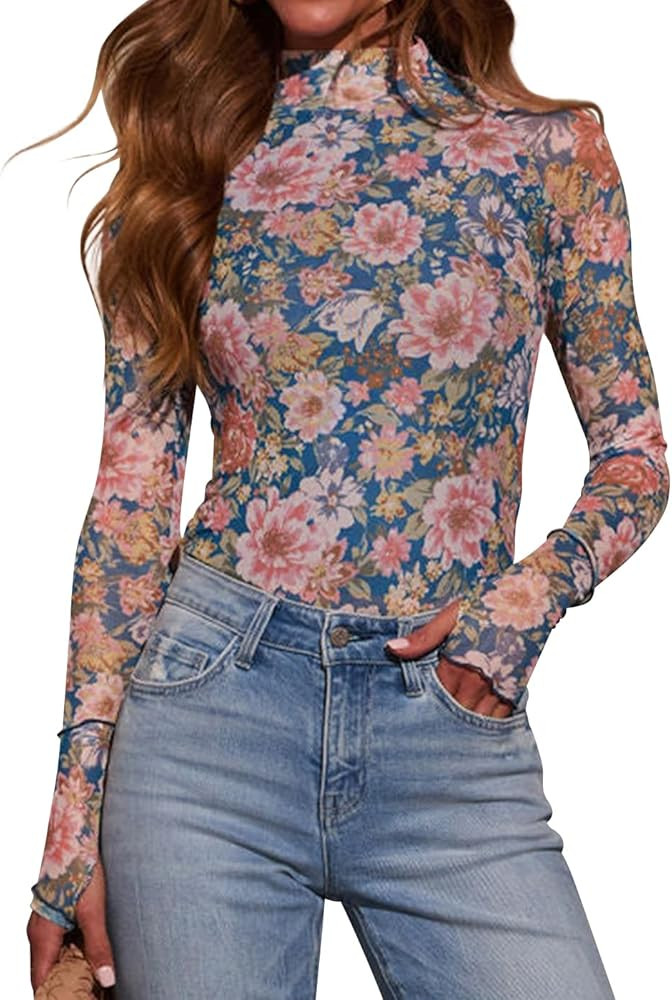 Dressmine Long Sleeve Mesh Tops for Women Mock Neck Floral Blouse Layering Sexy Fitted Going Out ... | Amazon (US)