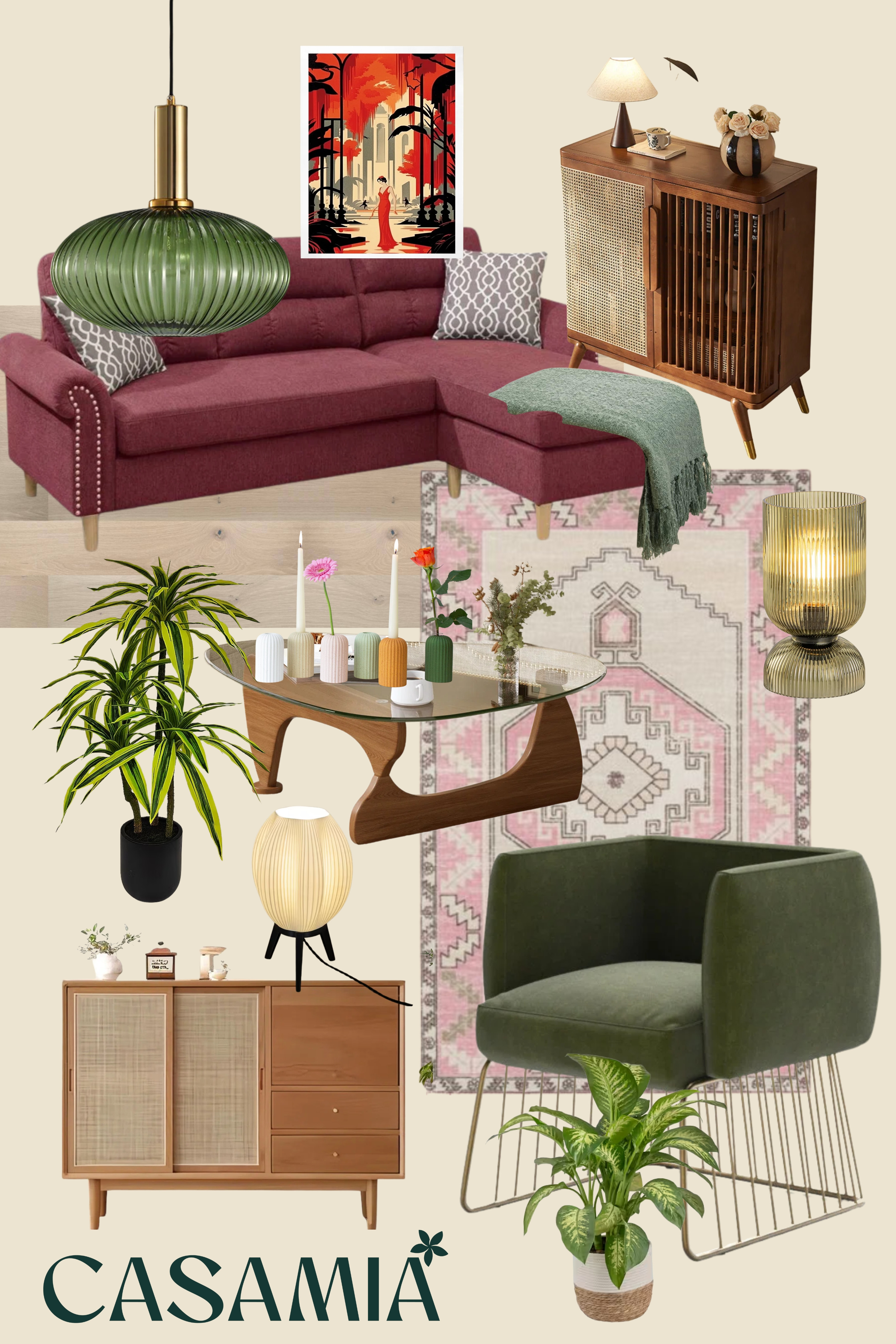 Rich berry tones, warm woods, and sculptural lighting come together for a cozy, retro-inspired living space. 

 #LTKSeasonal #LTKHome #LTKStyleTip