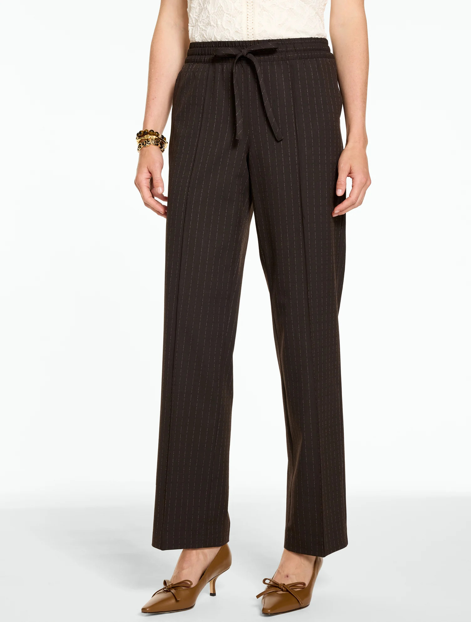 Straight Leg Pull-On Pants - Pickstitch Pinstripe - Brown - Large Talbots | Talbots