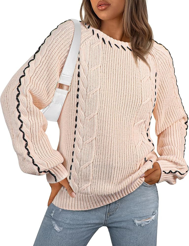 ECOWISH Oversized Sweaters for Women Fall Winter Cable Knit Chunky Color Block Tops Jumper Long S... | Amazon (US)