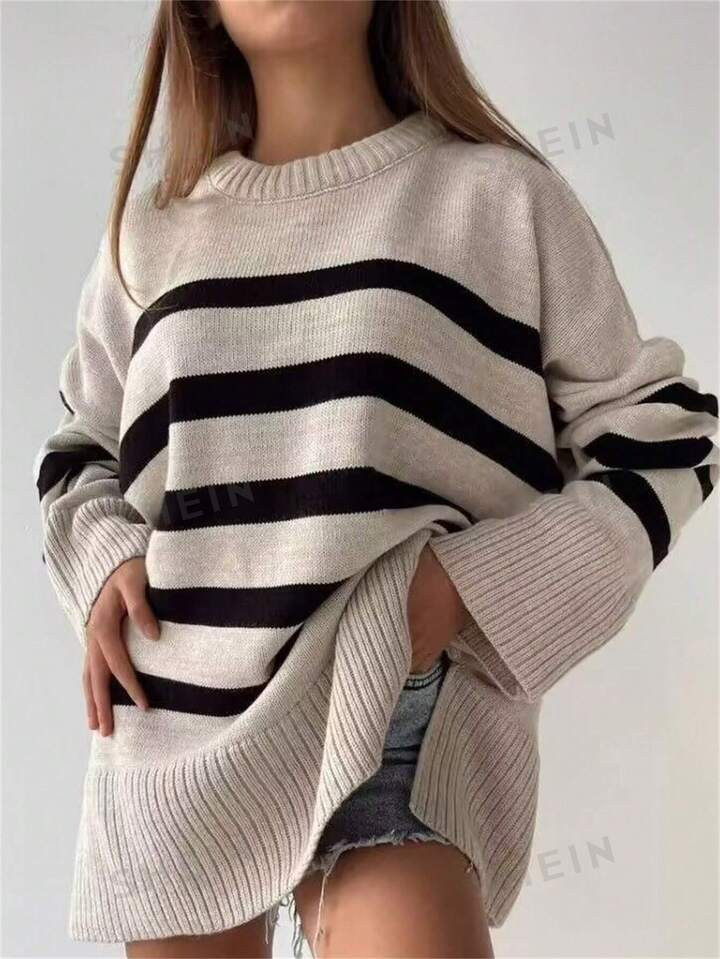 Striped Pattern Drop Shoulder Split Hem Sweater | SHEIN