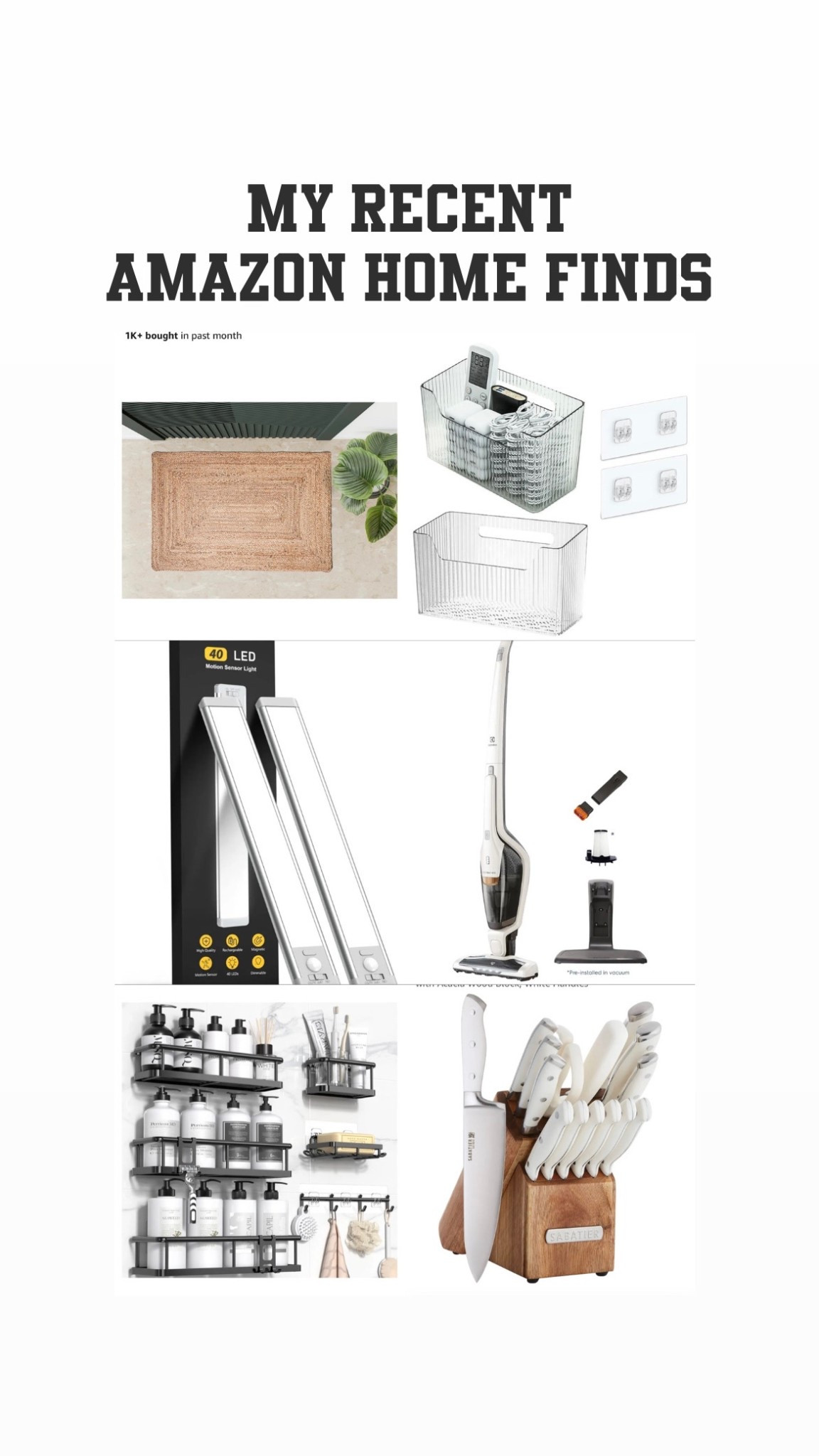 Recent Amazon home finds! 👏🏼

Lighting
Rug
Storage
Organization 
Vacuum
Knife set

#LTKFindsUnder50 #LTKHome #LTKU