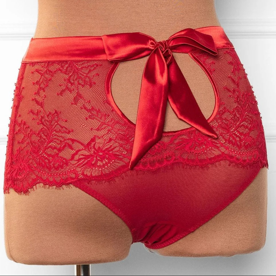Eyelash Lace Bow High Waist Crotchless Panty - Red | Mentionables