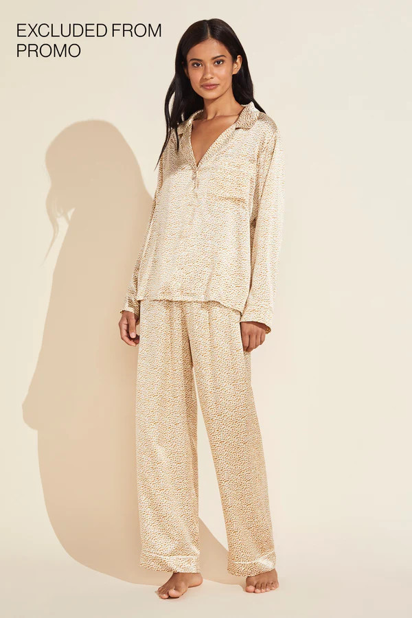 Inez Washable Silk Printed Long PJ Set - Mink Puff/Bone | Eberjey