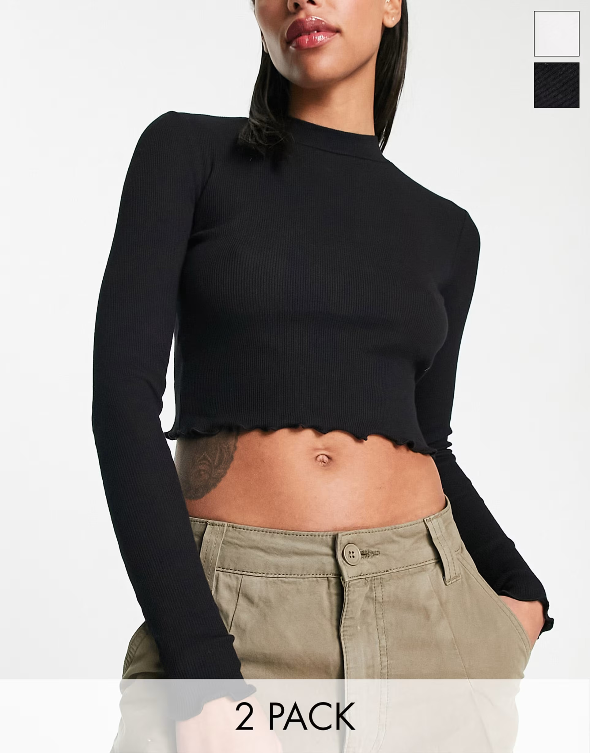 Pull&Bear high neck long sleeve crop top 2 pack in black and white | ASOS (Global)