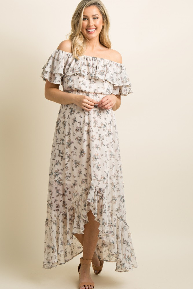 PinkBlush Cream Floral Off Shoulder Ruffle Slit Hi-Low Maternity Dress | PinkBlush Maternity