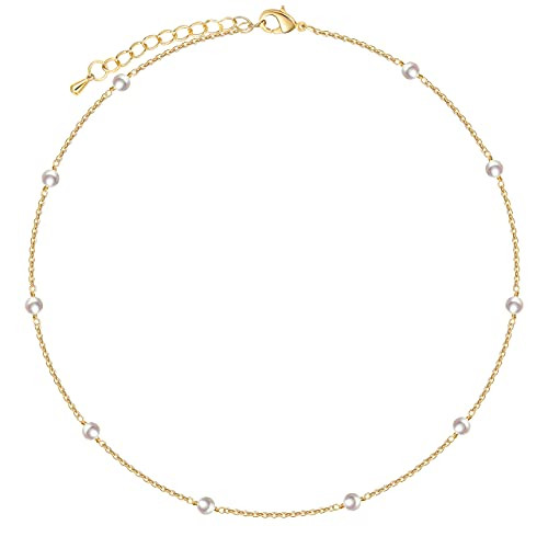 Cowlyn Pearl Choker Dainty Adjustable Necklace 18K Gold Plated Cultured Barque Pearl Tiny Chain Deli | Amazon (US)