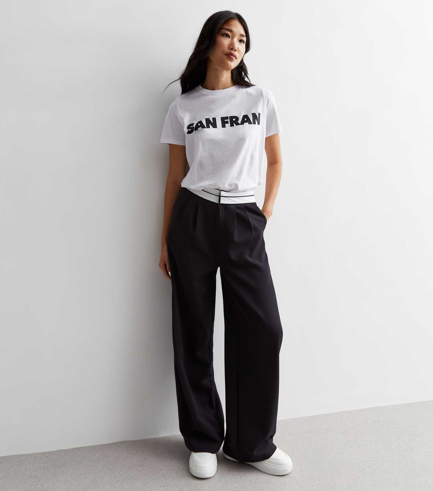 Black Contrast Waistband Wide Leg Trousers | New Look | New Look (UK)