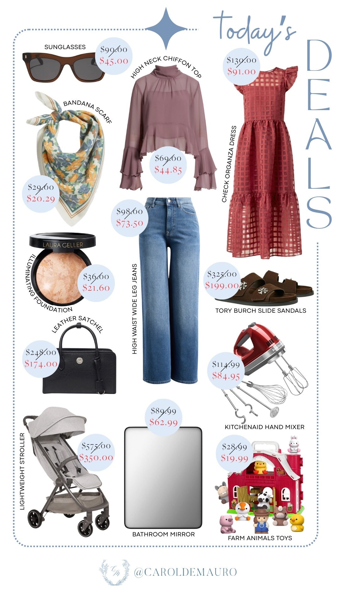 Today's deals are too good to miss! If you've been wanting to refresh your wardrobe or are looking for that perfect gift, we’ve rounded up the best savings for you right here—from a high-neck chiffon top, a check organza dress, Tory Burch sandals, a bandana scarf, Laura Geller foundation, a lightweight stroller, a KitchenAid hand mixer, to a bathroom mirror.

on sale now, posh look, casual chic, fashion accessories, home decor, kitchen appliance, kids toy, baby essentials

#LTKSaleAlert #LTKSeasonal #LTKU