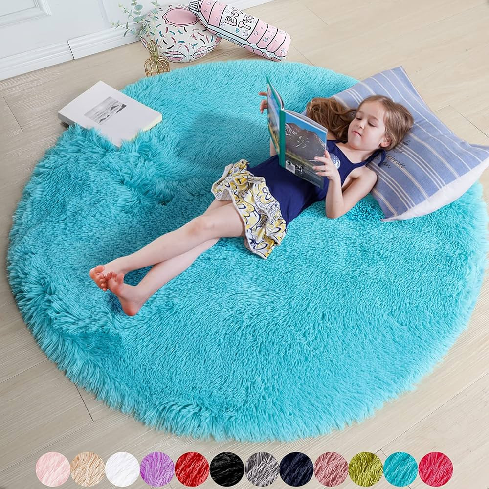 Blue Round Rug for Bedroom,Fluffy Circle Rug 4'X4' for Kids Room,Furry Carpet for Teen's Room,Sha... | Amazon (US)