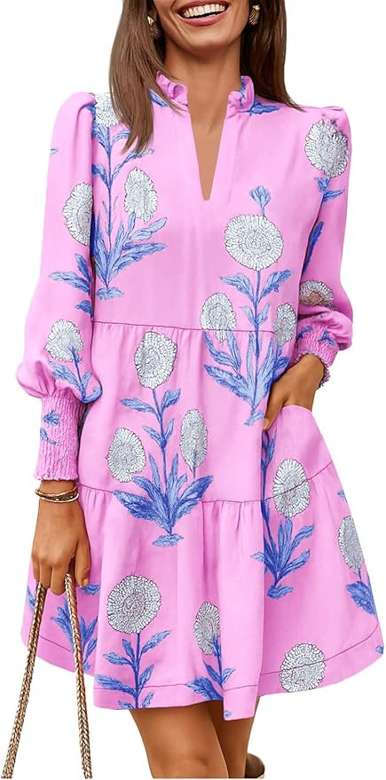 Imily Bela Womens Fall Long Sleeve Tunic Dress Casual V Neck Loose Ruffle Tiered Dress | Amazon (US)