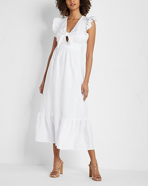 Flutter Sleeve Tie Front Midi Poplin Dress | Express