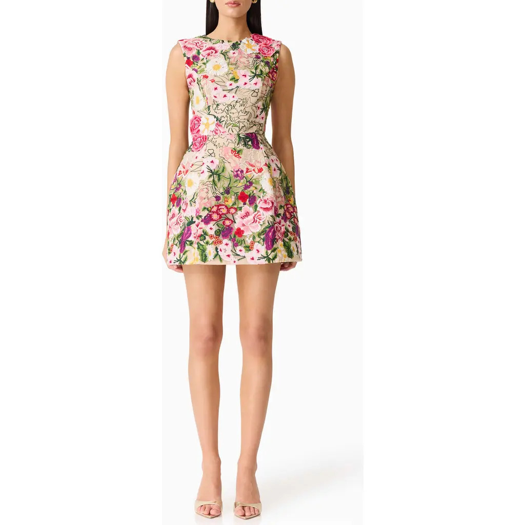 Elliatt Floral Embroidered Tulip Skirt Minidress in Nude Multi Floral at Nordstrom, Size Small | Nordstrom
