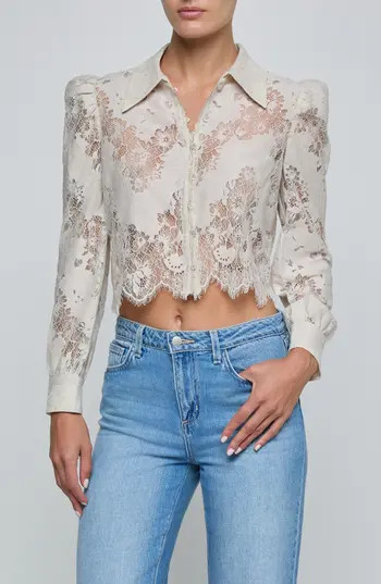 L'AGENCE Anita Lace Crop Button-Up Shirt in Champagne at Nordstrom Rack, Size Medium | Nordstrom Rack