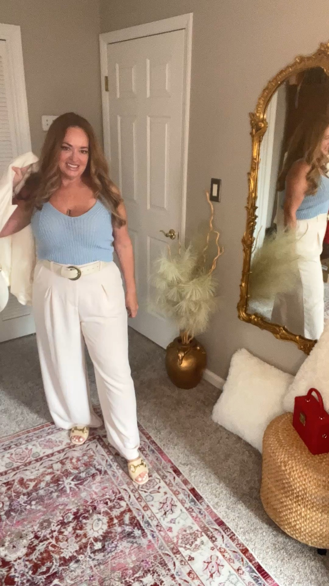 Soft strtechy knit tank casual sky blue. Paired with Ivory slacks .

#LTKWorkwear #LTKMidsize #LTKOver40