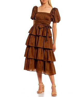 Antonio Melani Tiered Short Puff Sleeve Square Neck Tie Waist Maisie Midi Dress | Dillard's | Dillard's