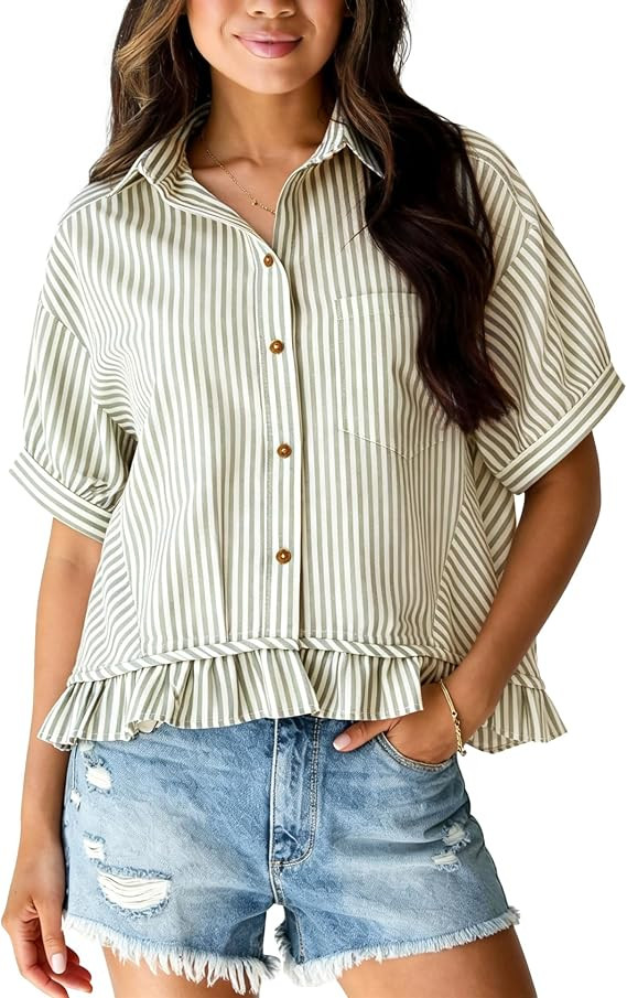 Flygo Womens Cropped Striped Button Down Shirts Ruffle Peplum Tops | Amazon (US)