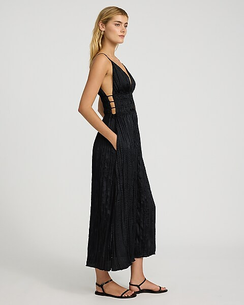 Crinkle Satin V-Neck Sleeveless Strappy Midi Dress | Express