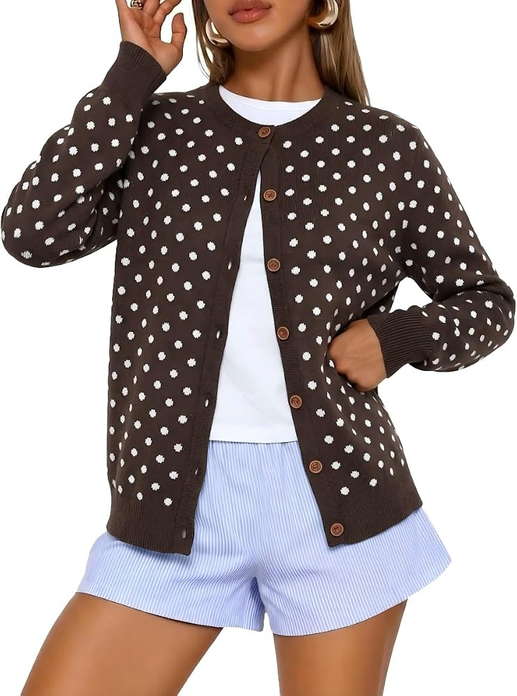 Angashion Womens Cardigan Polka Dot Crewneck Button Down Knit Fall Sweater | Amazon (US)