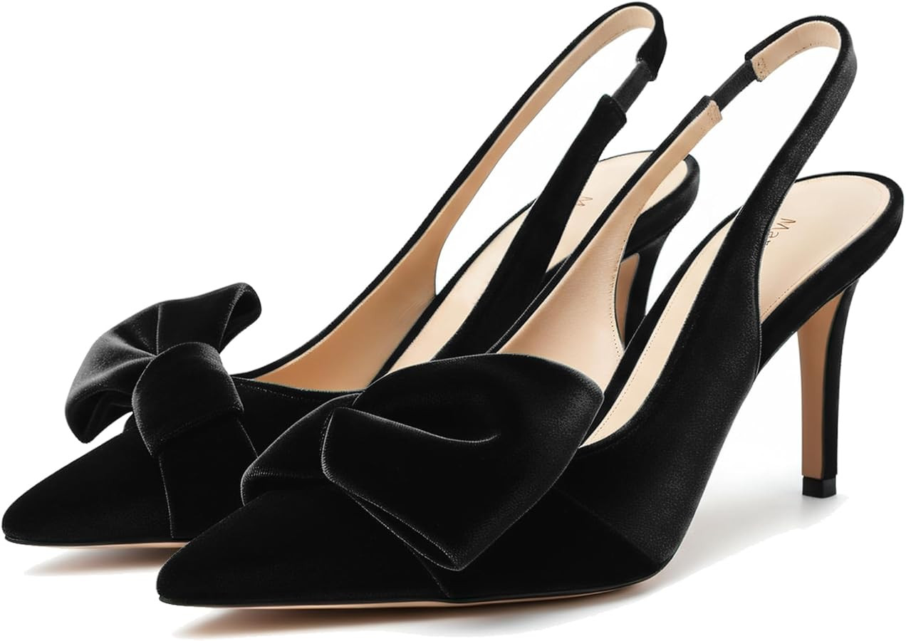 Women's Slingback Pumps Bow Pointed Toe Pumps with Elasticated Strap Pumps for Women 3.3" High He... | Amazon (US)