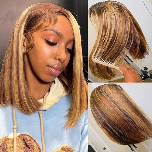 Hihmarm Ombre 4/27 Bob Wig Human Hair Highlight Honey Blonde Lace Frontal Bob Wigs 13x4 Straight Transparent Lace Front Wig Short Wig Human Hair Pre Plucked 14 Inch | Amazon (US)