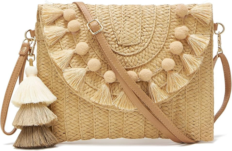 Small Straw Purse for Women Summer Clutch Purses Beach Woven Envelope Bag Raffia Shoulder,Straw C... | Amazon (US)