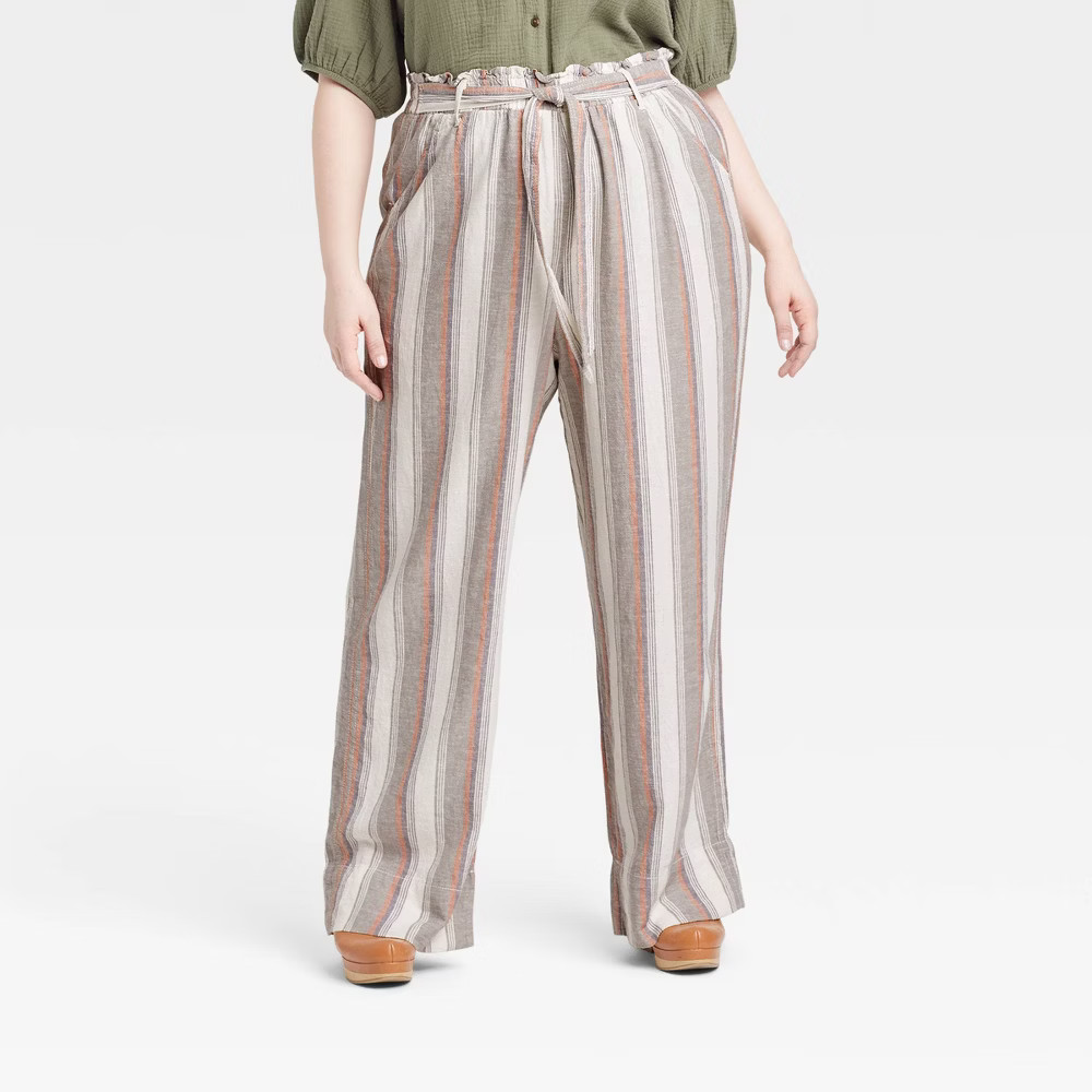 Women's Plus Size High-Rise Wide Leg Pants - Knox Rose Taupe Striped 2X, Brown Striped | Target
