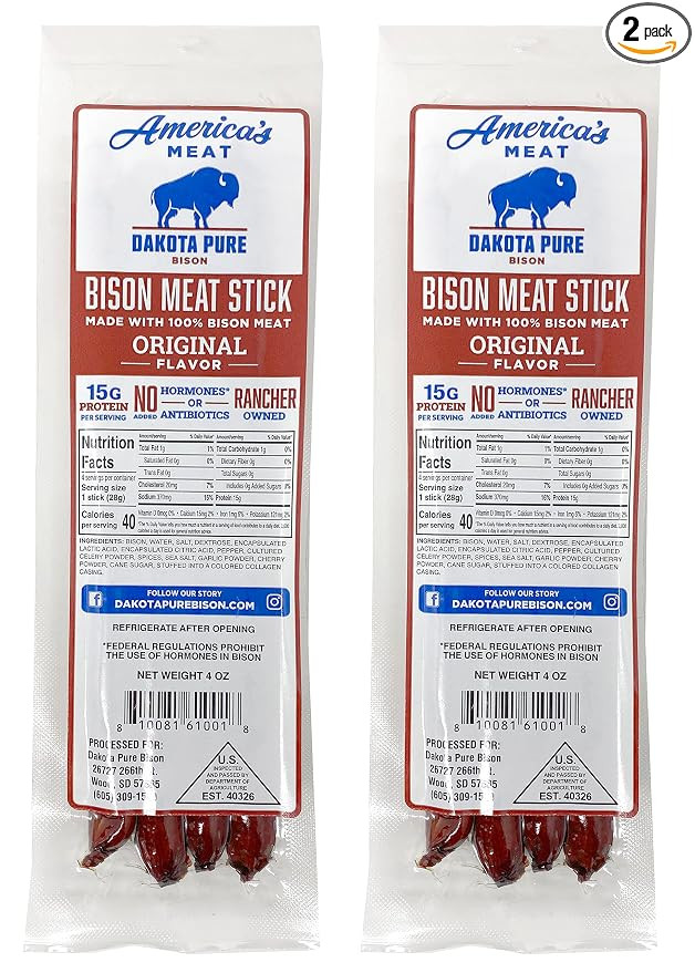 Dakota Pure Bison Meat Stick Pack of 2 (8 Meat Sticks) Original Bison Jerky Sticks - Hormone and ... | Amazon (US)