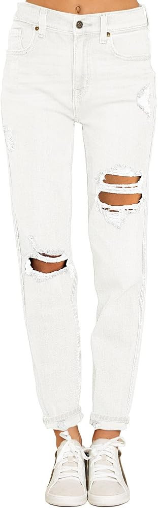 luvamia Women's Casual Ripped Jeans Elastic Waist Slim Boyfriend Jeans Denim Pants | Amazon (US)