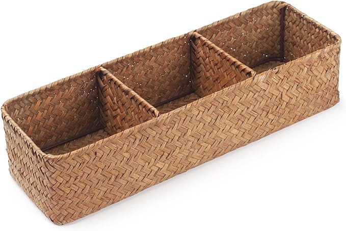 Seagrass Storage Basket 3 Sections Woven Shelf Baskets with Compartment (Natural, 14.6inch x 4.7i... | Amazon (US)