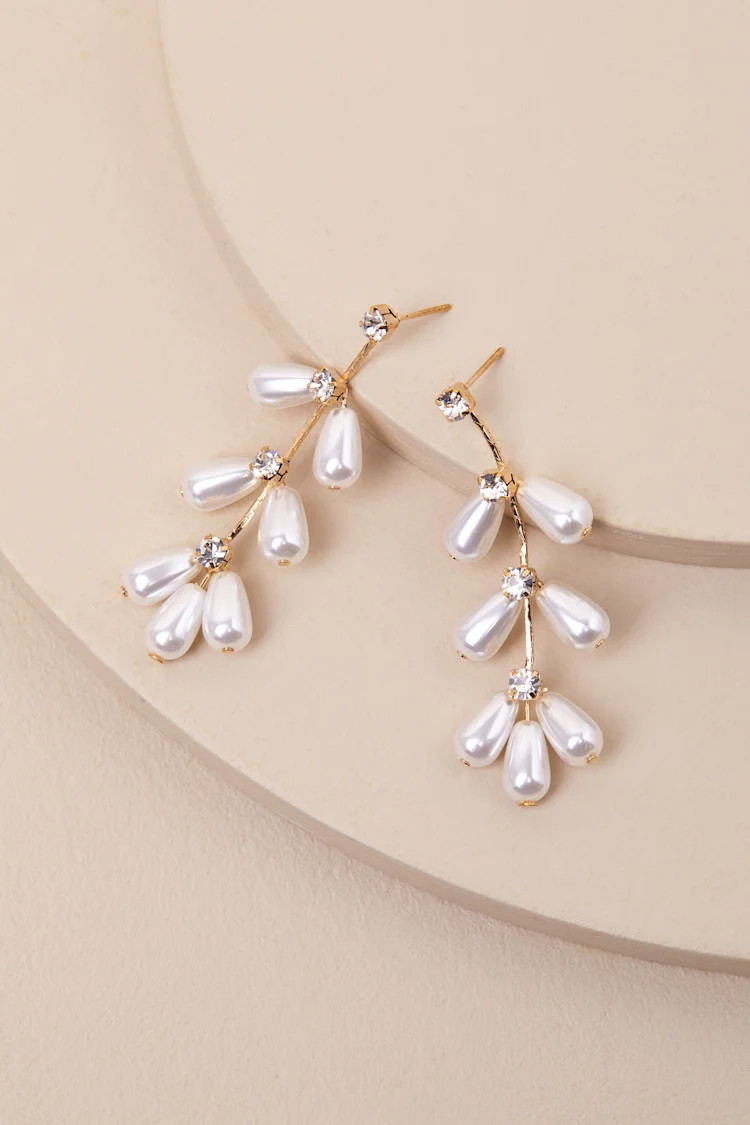 Renora Gold Rhinestone Pearl Drop Earrings | Lulus