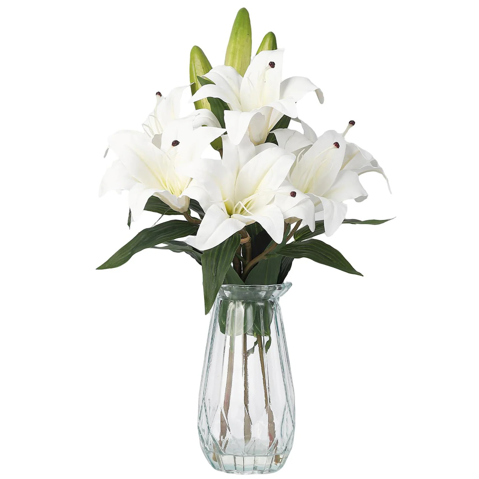 Afoxsos 1 Set Artificial Lily Flowers with Adjustable Silk Stems and Glass Vase Pure White Real Touch Faux Flowers Centerpiece for Home Office Decor | Lowe's