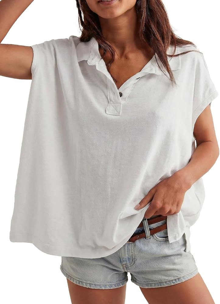 Oversized Polo Shirt for Women Casual Summer Tee Tops Cap Sleeve Collared Cotton Shirts | Amazon (US)