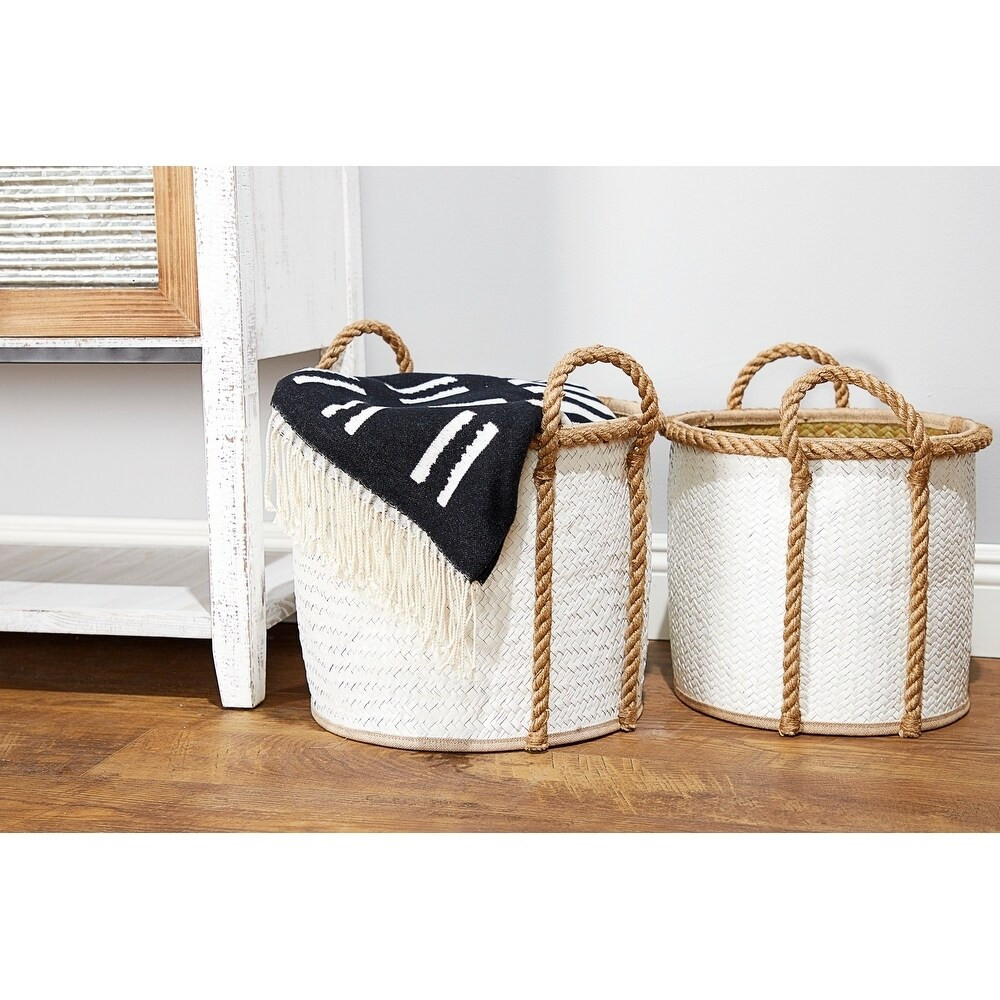 Studio 350 Natural and White Dip-Dyed Round Palm Leaf Wicker Storage Baskets, Set of 3 | Bed Bath & Beyond
