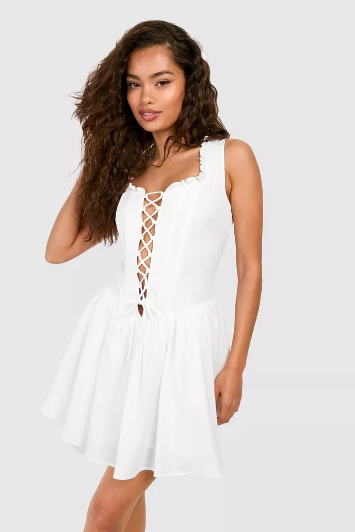 Tie Detail Milkmaid Mini Dress | boohoo (US & Canada)